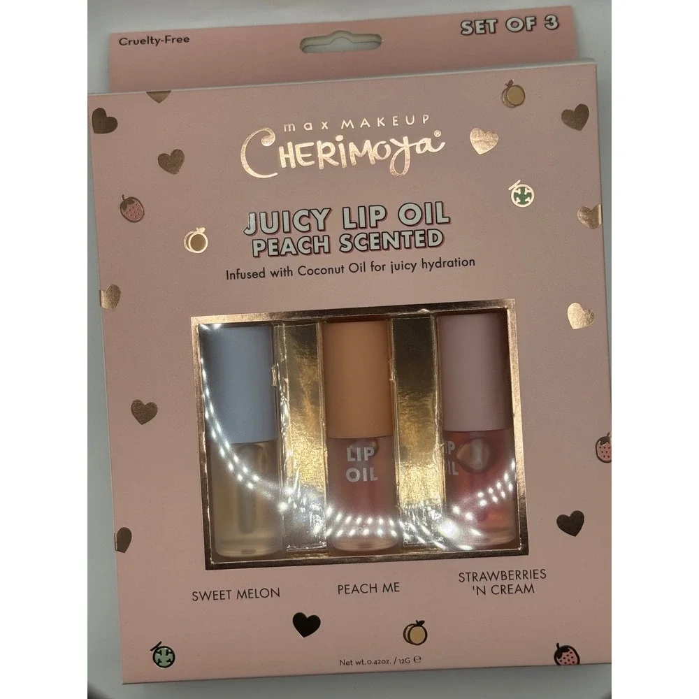 The Crème Shop Cherimoya Juicy‎ Lip Oil Set Peach Scented 3 Piece Lip Gloss